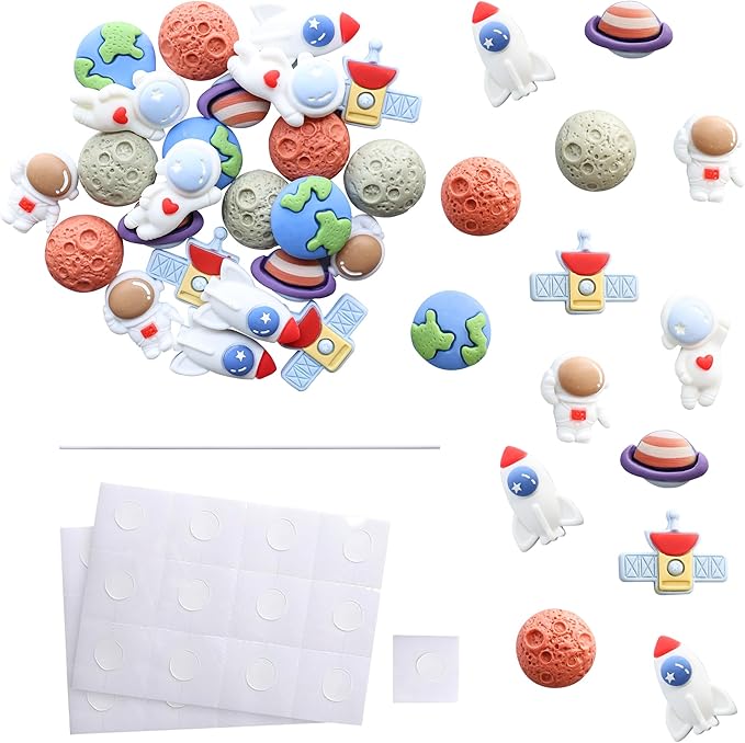 Ephlyn 24Pcs Outer Space Cupcake Toppers Planet Rocket Spaceship Trip to the Moon Star Cupcake Picks Solar System Galaxy Universe Planets Birthday Cupcake Decorations Party Supplies