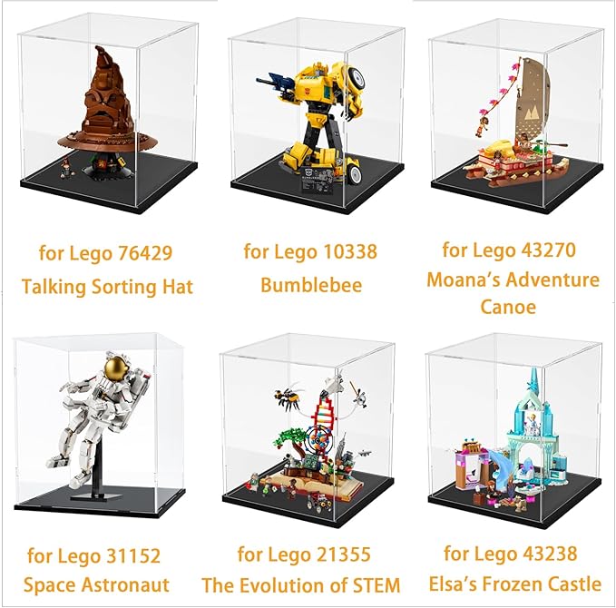 Thickened Clear Acrylic Display Case for Lego 76429 Talking Sorting Hat 10338 31152 43270 43238 21355 Collectibles, Self-Assembly Box with Wood-Plastic Base & Light, Black Inside 9.8x9.8x11.8 inch