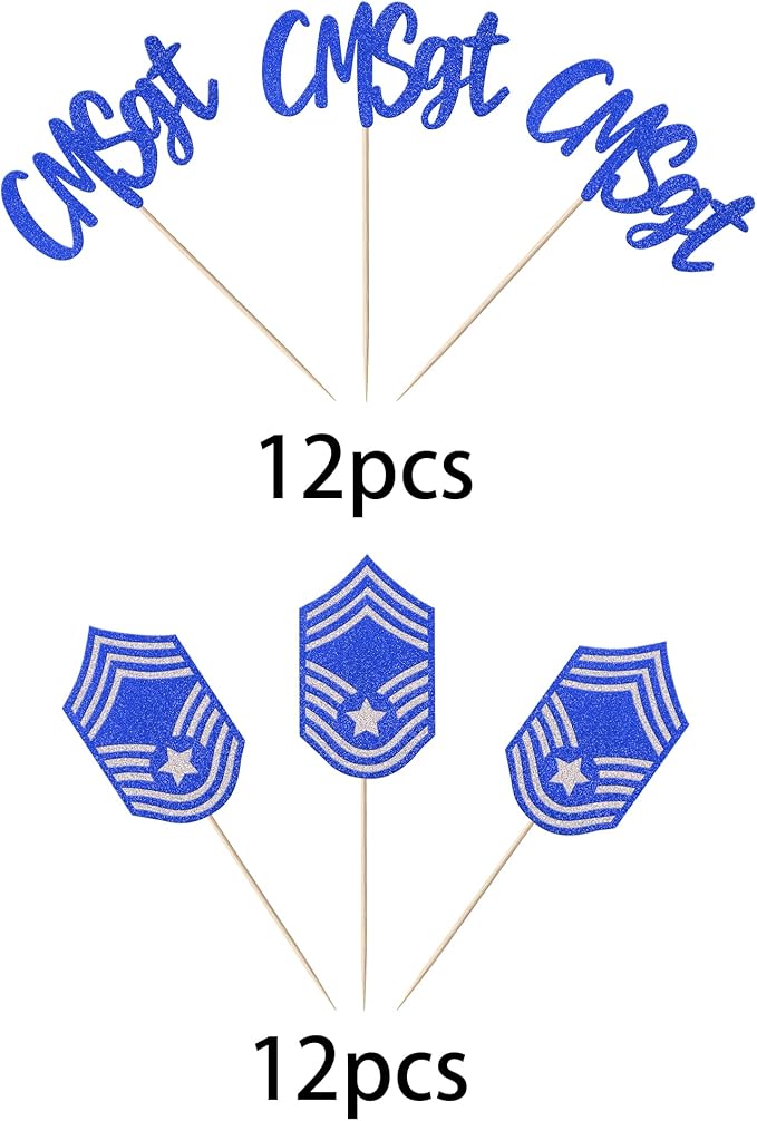 24 Pack Chief Master Sergeant Cupcake Toppers Glitter CMSGT Military Themed Bound Emblem Cupcake Picks for Congrats Retirement Army Navy Theme Birthday Cake Decorations Party Supplies Blue