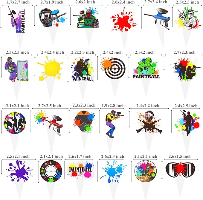 Paintball Cupcake Toppers 48PCS Paintball Birthday Party Decorations Colorful Splash Shooting Game Cake Toppers Paintball Cupcake Decorations for Sport Theme Party Supplies