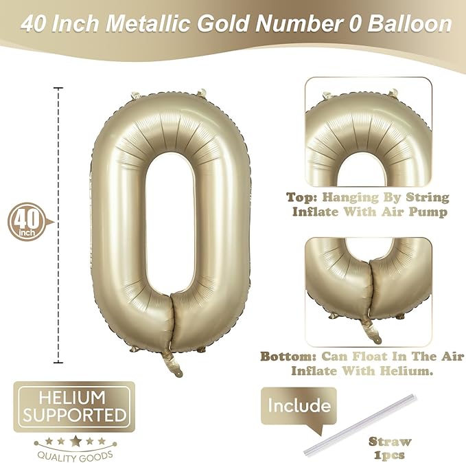 Metallic Gold Number 0 Balloons 40 Inch, Large Champagne Number Balloons 0-9 Set, Light Gold 0 Mylar Foil Balloon Numbers for Girls Boys Baby Shower Birthday Graduation Anniversary Party Decorations