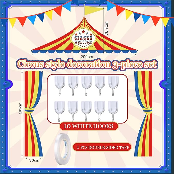 Preboun 3 Pcs Circus Tent Decorations Carnival Circus Theme Party Decorations Carnival Tent Banner Striped Pennant for Clown Theme Birthday Party Classroom Supply