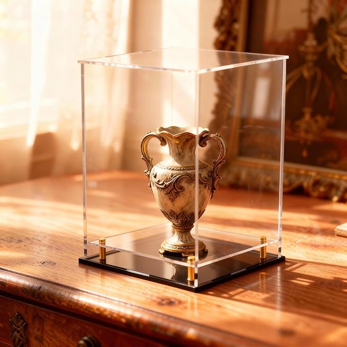 Acrylic Display Case for Collectibles, Dustproof Acrylic Box with Clear Display Elevation & Gold Risers, Large Display Case for Figures Toys Memorabilia, 10" L x 10" W x 14" H
