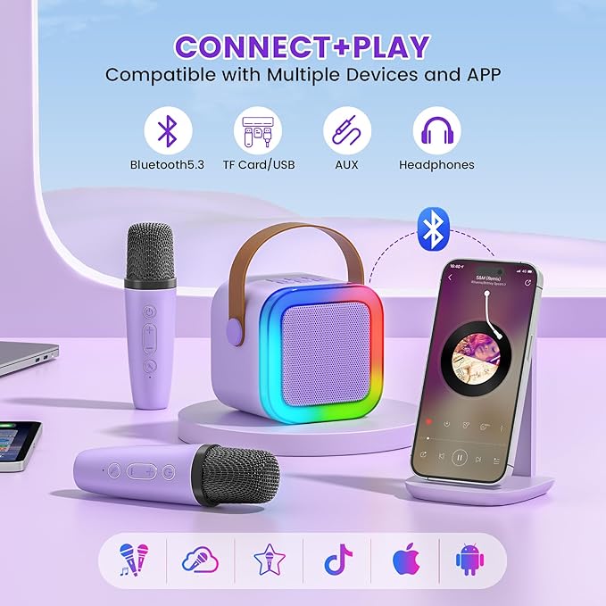 Mini Karaoke Machine for Kids,Portable Bluetooth Speaker with 2 Wireless Microphones,Toddler Music Player Toys,Easter Birthday Gifts for 3,4,5,6,7,8,9,10,11,12+Years Old Girls Boys(Purple)