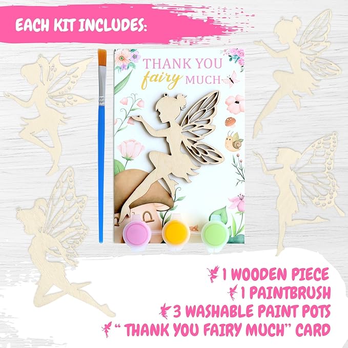 BOIKOKY 12 Pack Pre-Packaged Fairy Party Favors, Wooden Fairy Cutouts with Hanging Hole & Painting Kits for Girls, Magical DIY Crafts and Enchanted Party Decorations & Thank You Gifts for Guests