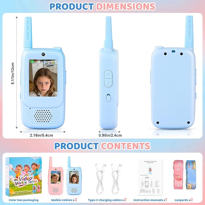 Video Walkie Talkies for Kids with Real-Time Screen & Voice Changer, Rechargeable Walkie Talkies Long Range Radios, for Outside, Hiking, Birthday Gifts for Boys/Girls Ages 3-12