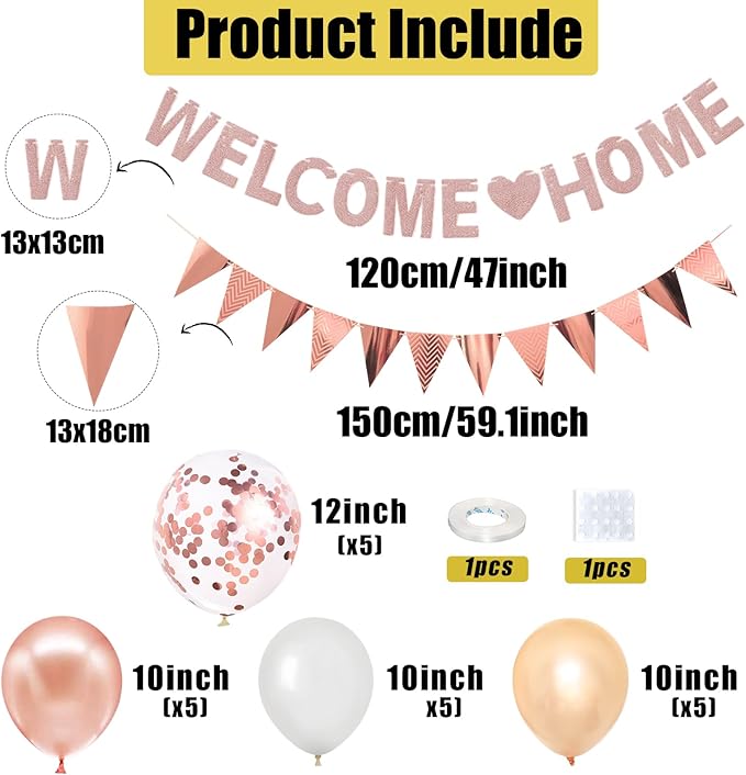 Welcome Home Decorations,Rose Gold Welcome Home Balloons Banners Set,Welcome Home Glitter Banner with Confetti Balloons,Pennant Flag Bunting for Home Family Baby Shower Welcome Back Party Supplies