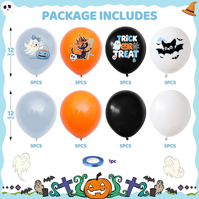 Halloween Party Balloons Decorations,12 Inch Blue and Orange Balloons Set Baby Blue White Print Balloon Cute Balloon for Halloween Themed Party Supplies