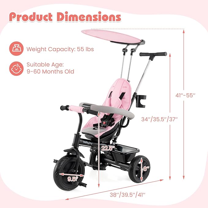 BABY JOY Toddler Tricycle, 7 in 1 Push Trike w/Adjustable Canopy, Parent Push Handle, Seat & Footrests, 5-Point Safety Harness and All-Terrain EVA Wheels, Kids Stroller Bike for 9-60 Months (Pink)