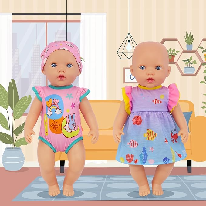 4 Set Doll Clothes, Baby Doll Clothes for 14 -16 Inch, 18 Inch Girl Doll Clothes Outfits and Accessories 7 Pcs Include Jumpsuit, Dresses, Headbands, Hats, Shoes (No Dolls)