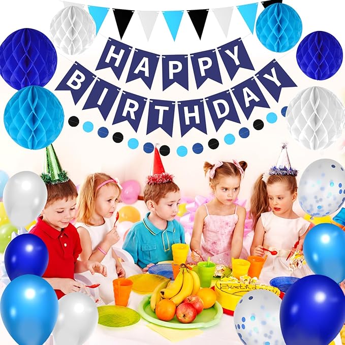 33 Packs Birthday Party Decorations, Happy Birthday Hanging Banner Circle Dot Triangles Honeycomb Balls Balloon Decor Set For Boys Girls Men Women Teen(Blue&Black)