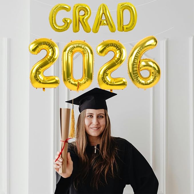 TONIFUL Graduation Balloons 16 Inch Gold Grad Balloons 40 Inch Gold Large Number 2026 Foil Balloons for 2026 Graduation Party Graduate Congratulations 2026 Congrats Grad Decorations