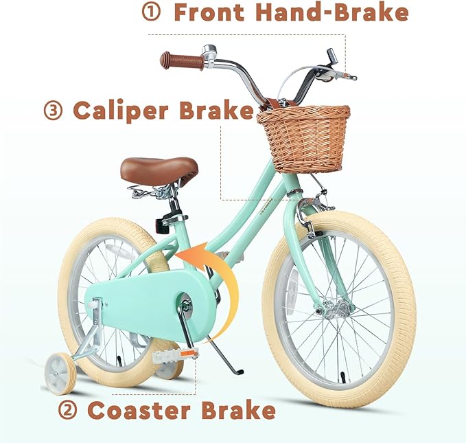Petimini Vintage Kids Bike for Girls, 12–20 Inch Classic Bicycle with Wicker Basket & Bell, High Tensile Steel Frame, Training Wheels (12–18”), 85% Pre-Assembled, Retro Bike for Outdoor Riding
