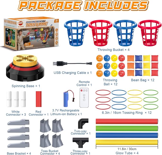 VATOS 3 in 1 Bean Bag & Ring Toss Game, Musical Jumping for Kids, Electric Spinning Base with Remote, Lights, 12 Sandbags, 12 Tossing Rings, 12 Balls, Indoor Outdoor Backyard Sport Toy for Boy Girl 3+