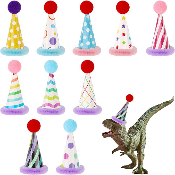 Mini Party Hats for Stuffed Animals Figures Cute Cake Cone Birthday Party Hats with Pom Poms Tiny Party Hats for Stuffed Animals Pets, Accessories