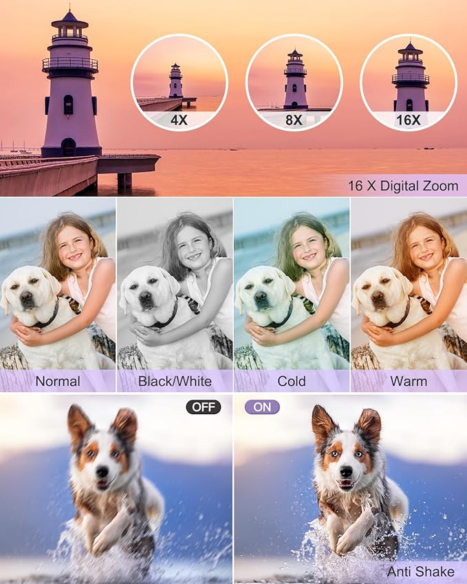 Digital Camera Small Camera for Photography Digital Point and Shoot Cameras with FHD 1080P, 32GB Card, 16X Zoom Anti Shake Kids Camera, Purple