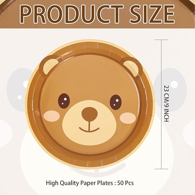 50Pcs Bear Baby Shower Paper Plates 9 Inch Heavy Duty Disposable Brown Bear Birthday Party Decorations for Boys Girls Baby Shower Gender Reveal Fall Holiday Wedding Birthday Party Supplies