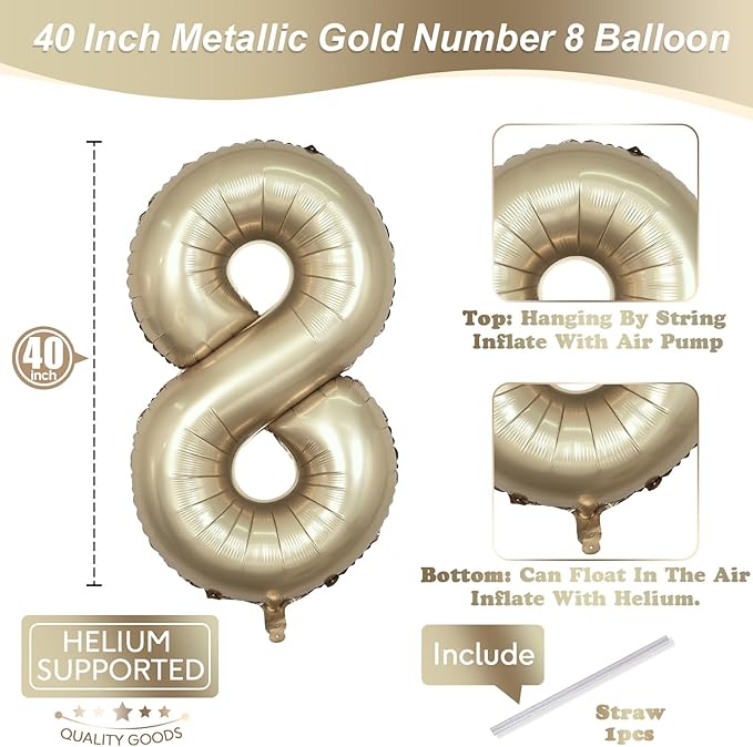 Metallic Gold Number 8 Balloons, 40 Inch Giant Light Champagne Gold Mylar Foil Number 8 Ballon for Boy Girl, Self Inflating 8th Birthday Helium Balloon for Women Anniversary Party Decorations Supplies