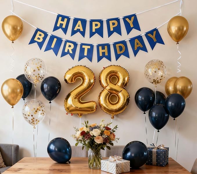 28th Birthday Decoration for Men, Navy Blue Gold 28th Party Balloons Supplies, 28th Happy Birthday Banner Number 28 Foil Metallic Confetti Balloons for Men Him Women Her 28th Birthday Party(28th)