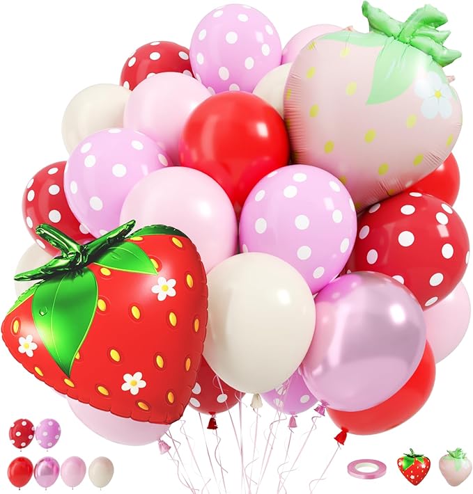 Strawberry Balloon, 12 Inch Strawberry's Party Decorations with Red Pink Ivory White Polka Dots Balloons Strawberry Foil Balloon for Sweet One Berry First Birthday Cake Party Supplies