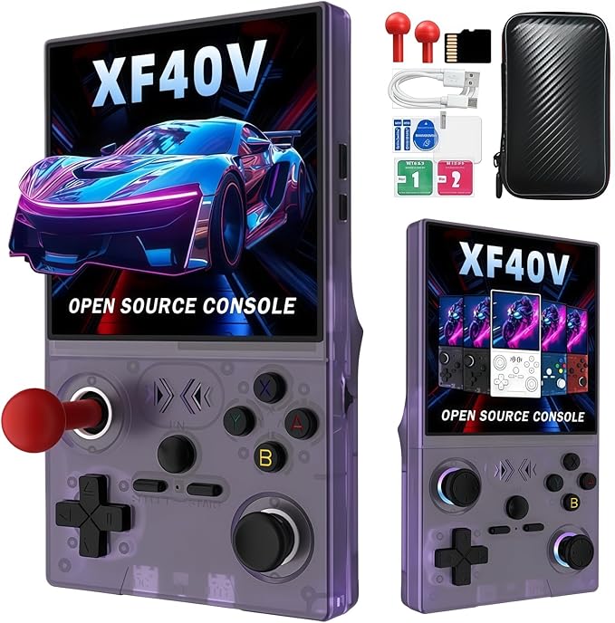 XF40V Retro Handheld Game Console, 4.0 Inch IPS HD Screen,Interchangeable Arcade Stick,Linux System, Preloaded Classic Games with Multiple Emulators, 4000mAh Battery,Ideal Gift (Translucent Purple)