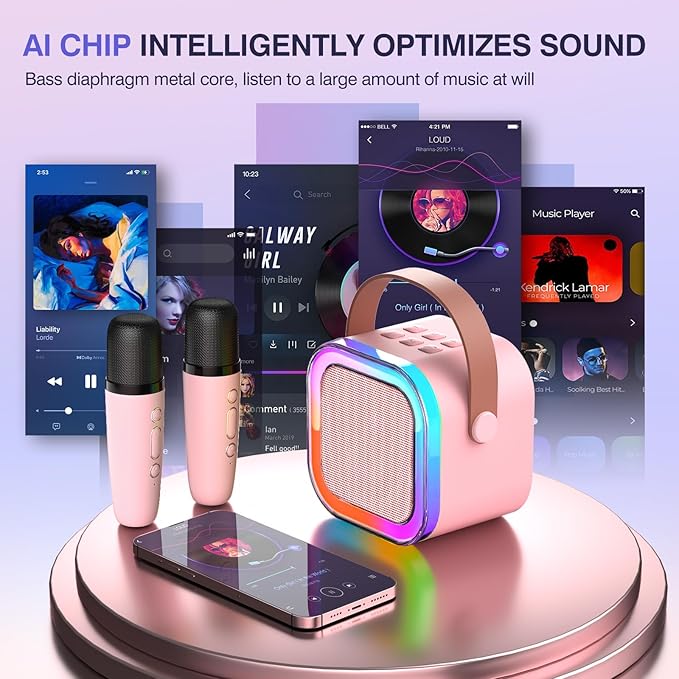 Mini Karaoke Machine for Kids Ages 2-12, Portable Wireless Karaoke Speaker with LED Party Lights & 2 Wireless Microphones, Perfect Birthday & Holiday Toys Gifts for Girls Boys（K12-Pink）