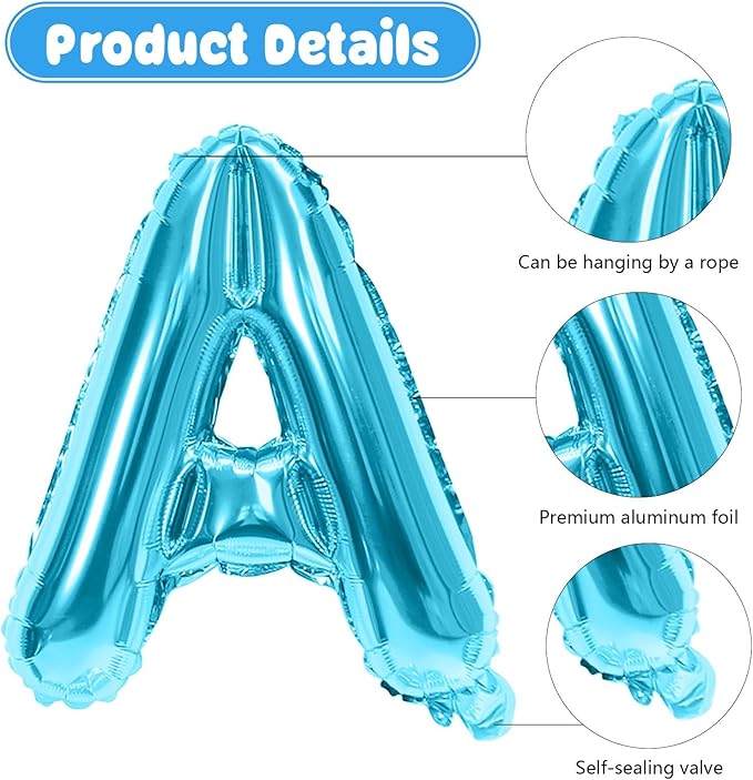 29PC Light Blue Happy Birthday Balloon Banner, 16 Inch 3D Letter Banner Sign, Light Dark Blue White Confetti Balloons 18 Inch Star Heart Foil Balloons for Kids, Men, Boys Party Decorations