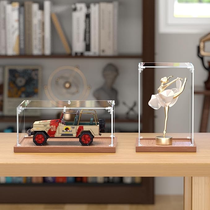 Acrylic Display Case for Collectibles Assemble Clear Acrylic Boxes for Display Lego Action Figures Doll Hobby Toys, Wood, 5.5 x 5.5 x 9.5 inches