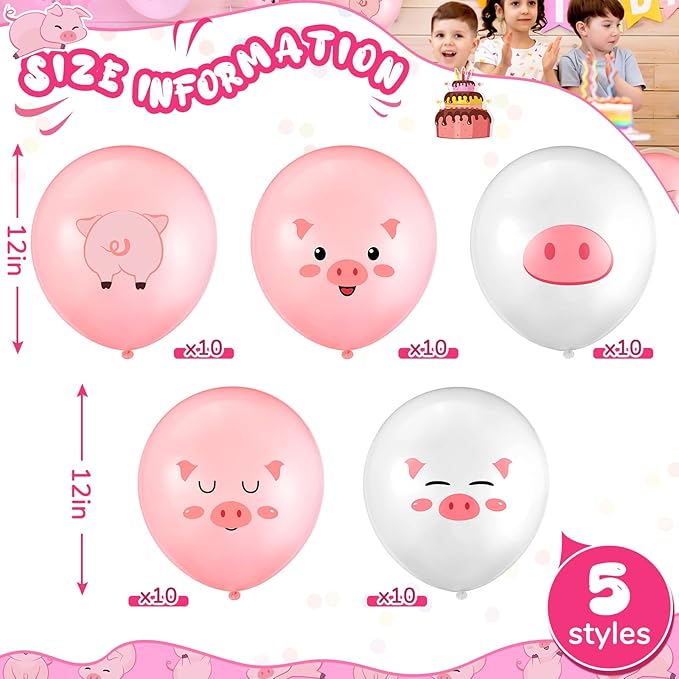 50 Pcs Pig Farm Animal Balloons 12 Inch Pig Print Latex Piggy Pink Birthday Party Decorations Cute Kids Balloons for Farmhouse Pink Farm Themed Birthday Baby Shower Party Supplies