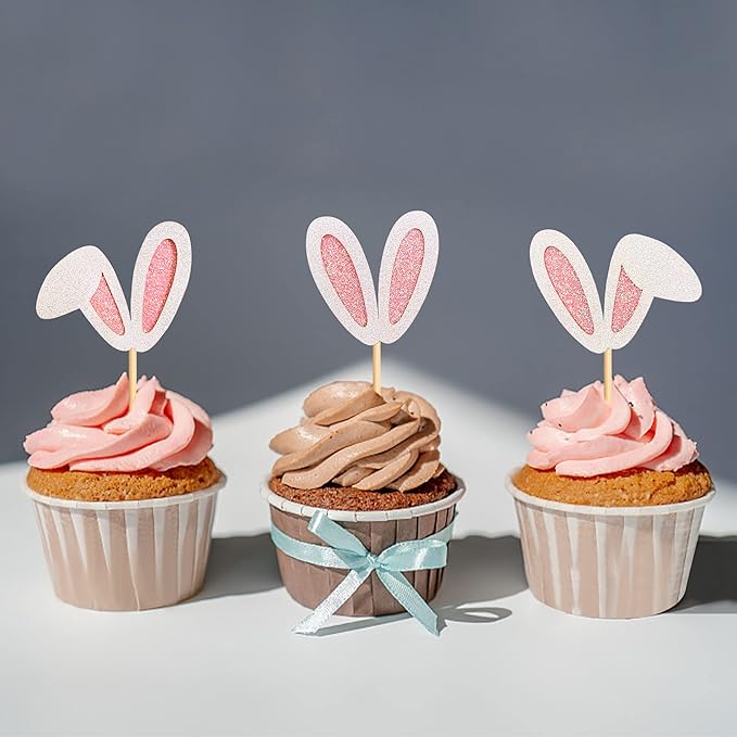 Ercadio 24 Pack Easter Bunny Ear Cupcake Toppers Glitter Pink Rabbit Ears Cupcake Picks Easter Bunny Cupcake Decors Rabbit Cake Toppers for Kids Girls Birthday Baby Shower Party Supplies