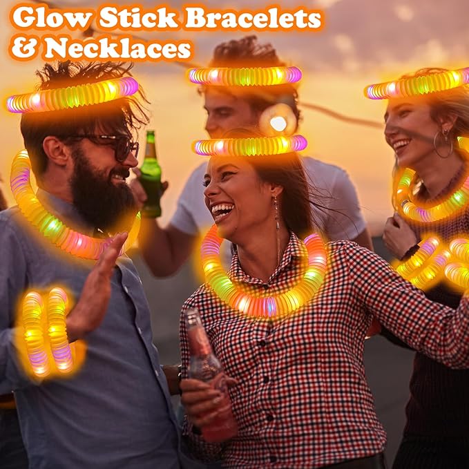 Orange Glow Sticks Pop Tubes,12-24PCS Light Up Necklaces & Bracelets,Mardi Gras Parade Throws Party Favors Accessories Decorations,Glow Birthday Wedding Carnival Easter Party Supplies for Kids Adults