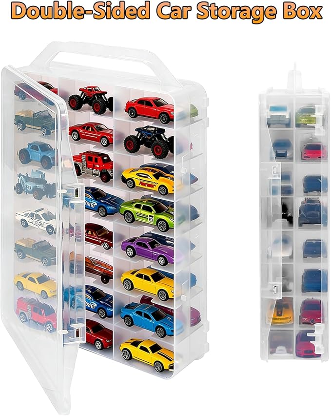 Double-Sided 1:64 Scale Toy Car Storage Case, 48-Slot Clear Organizer with Handle, Transparent Display & Storage Box Compatible with Most Die-Cast Model Cars (Case Only)