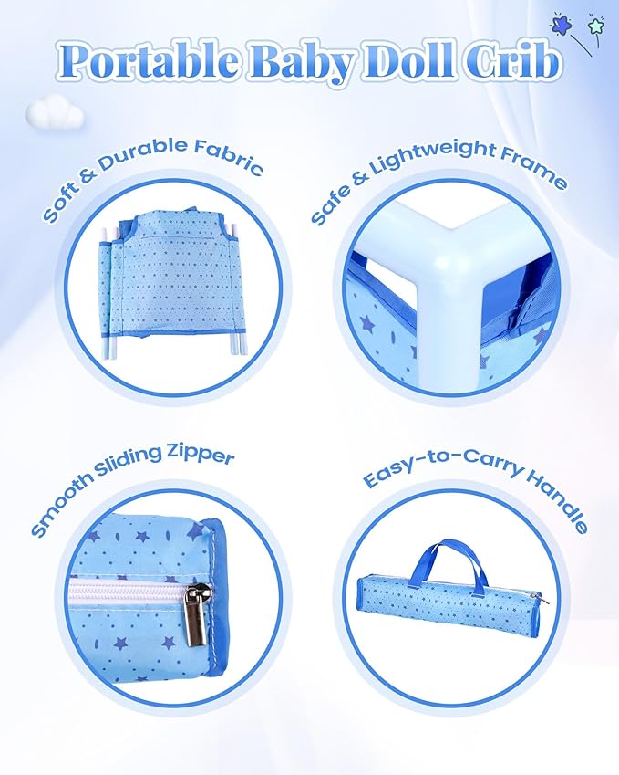 BABESIDE Baby Doll Crib Set for 18 Inch Dolls, Foldable Baby Doll Bed Playpen Toy Crib with Storage Bag for Reborn Baby Doll Accessories