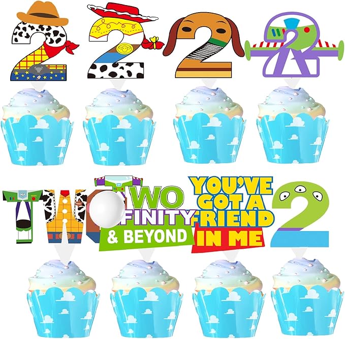 2 to infinity and inspired Beyond Birthday Decorations Toy Inspire Game Birthday Cupcake Toppers and Wrappers for 2nd Bday Blue Sky and White Cloud Cow Bday Party Supplies Decor (2nd with wrappers)