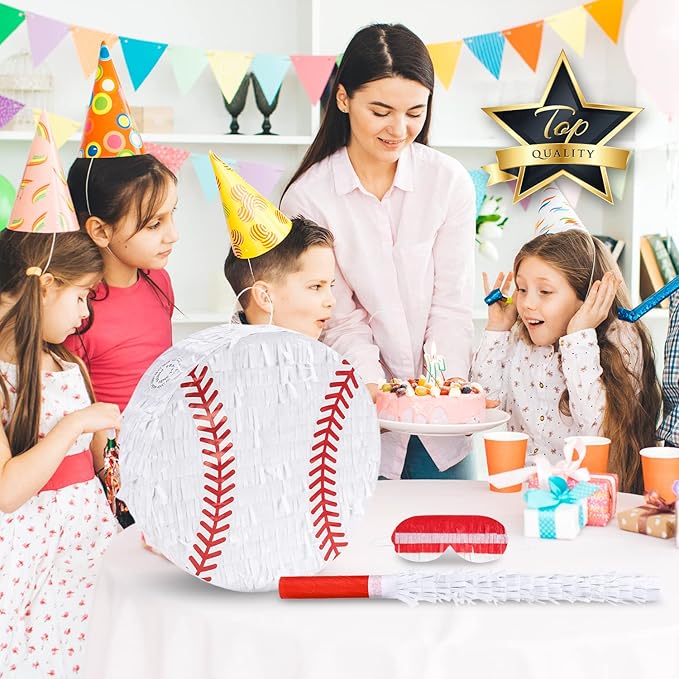 Baseball Pinata Bundle with a Blindfold and Bat (13"x13"x4"), Baseball Pinata for Boys, Perfect for Birthday Party, Sport Theme Party, Decoration