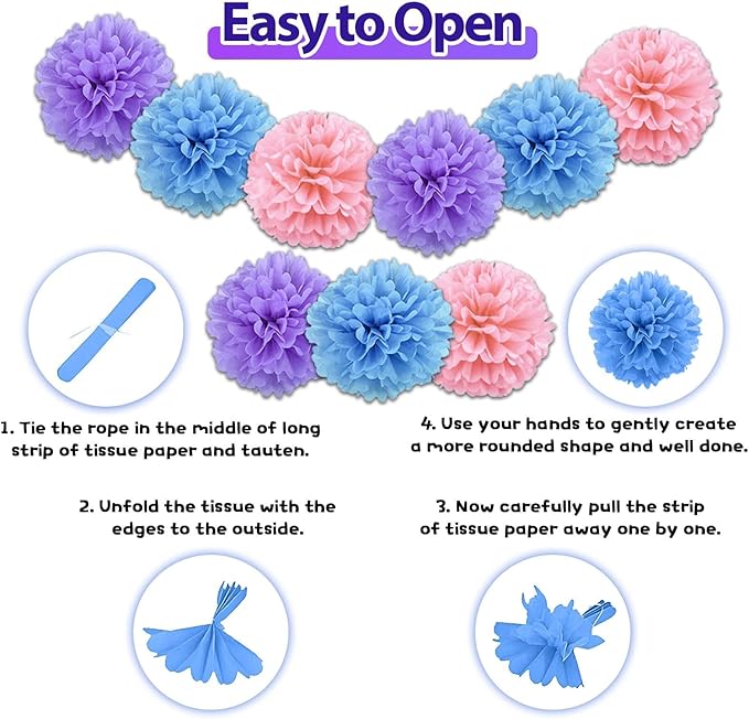 Purple Pink Blue Birthday Decorations,Girls Boys Party Decorations with Blue Pink Confetti Birthday Balloons Happy Birthday Banner Purple Fringe Curtain Tissue Paper Pompoms Star Garland