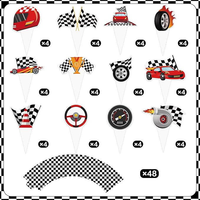 48 Pack Race Car Cupcake Toppers and Wrappers, Race Car Party Cake Decoration for Racing Checkered Theme Birthday Party Baby Shower Supplies