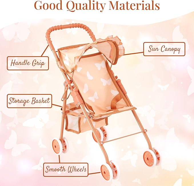 4-in-1 Baby Doll Stroller Set with Butterfly Design – Includes Toy Stroller, Crib, Bouncer & High Chair – Doll Accessories & Baby Doll Furniture Set for Toddlers 3-4 Years – Fits Dolls up to 18 Inches