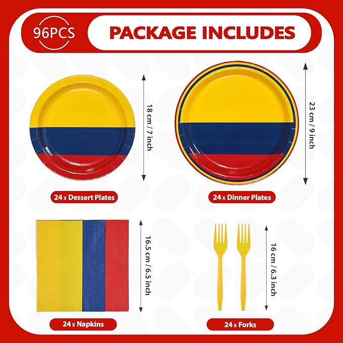 96 Pcs Colombia Flag Party Supplies Disposable Colombian Flag Paper Plates and Napkins Colombian National Tableware Set for National Country Decoration Patriotic Festival Party Supplies, Serves 24