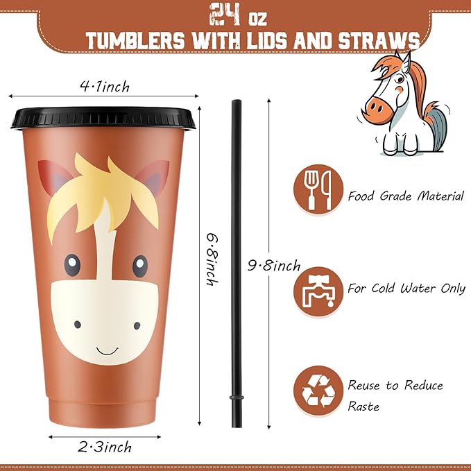 Mifoci 12 Horse Party Favors Horse Cups with Lid Straw 24 oz Plastic Drink Cups Bulk Reusable Tumblers for Birthday Party Themed Gifts