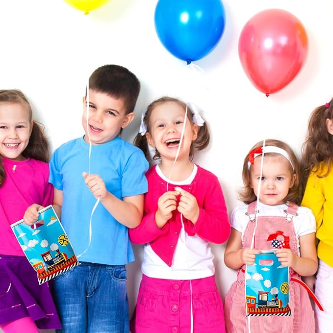 3sscha 50Pcs Train Party Favor Bags Transportation Themed Waterproof Goodie Bag with Die Cut Handles Railway Traffic Glossy Plastic Candy Gift Pack for Kids Birthday Baby Shower Decoration Supplies