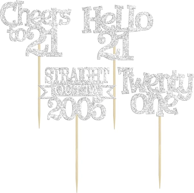 Ephlyn 24Pcs 21st Birthday Cupcake Toppers Glitter Straight Outta 2005 Cupcake Picks Hello 21 Cheers to 21 Years Cake Decorations for 21st Birthday Anniversary Party Decorations Supplies Silver
