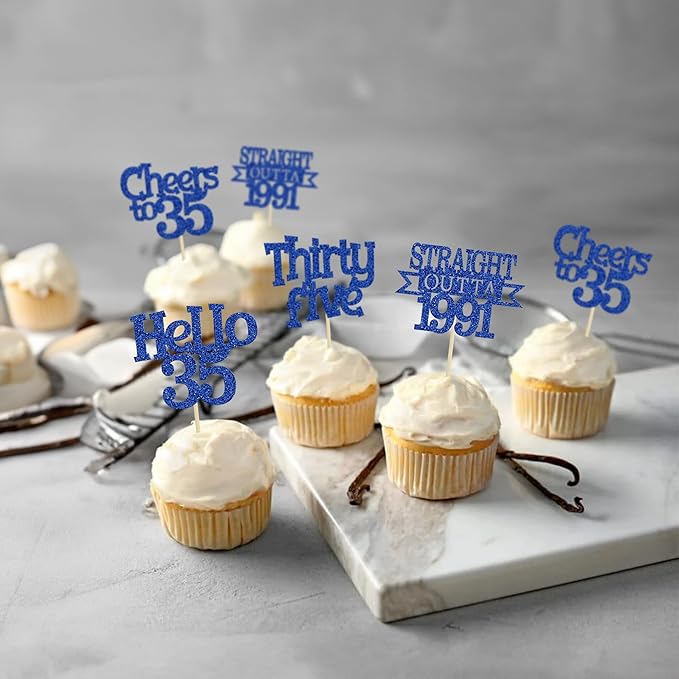 Ephlyn 24Pcs Happy 35th Birthday Cupcake Toppers Blue Thirty Five Cupcake Picks Hello 35 Cheers to 35 Years Birthday Cake Decorations for 35th Birthday Anniversary Party Decor Supplies