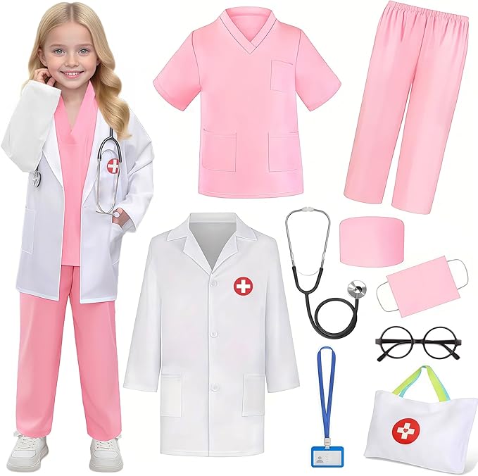 Doctor Costume for Kids 9PC Boys Girls Doctor Role Play Outfit with Bag Kids Scrubs Dress Up for Pretend Play