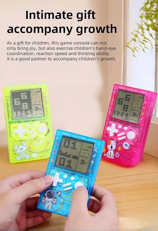 Kids Brick Game Console Small Portable Transparent Body Built-in 23 Retro Blocks Games Adjustable Difficulty/Speed Powered by 2 AAA Batteries Kids/Students Birthday Toys (Green)