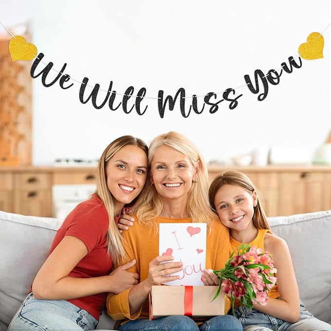 We Will Miss You Banner Decorations Goodbye Party Banner Retirement Banner Decorations Sign for Going Away Party, Retirement, Farewell, Graduation, Army Party Supplies(Glitter Black)