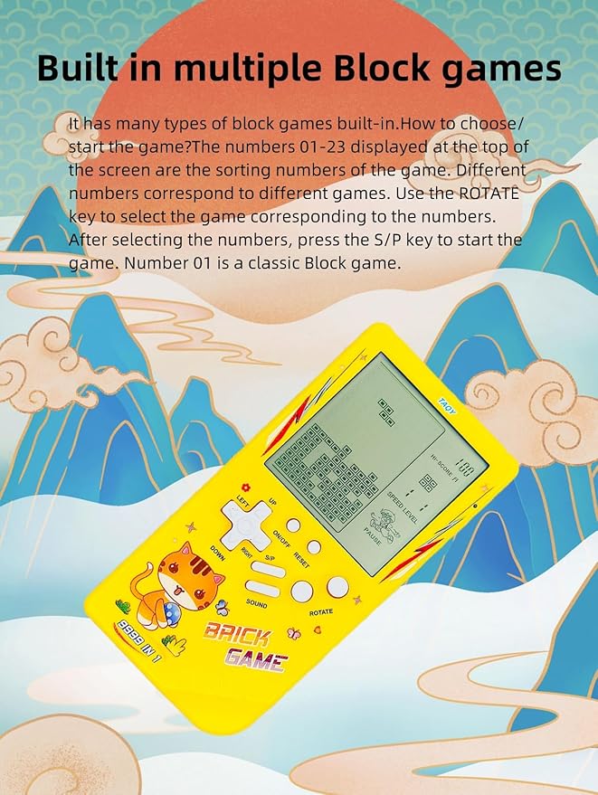 Cute Cat Pattern Block Game Console 23 Brick Games Racing/Tank Battle Retro Mini Game Machine Children's Game Console 70/80/90's Nostalgic Gifts Puzzle Toy Handheld Portable Game Device (Green)