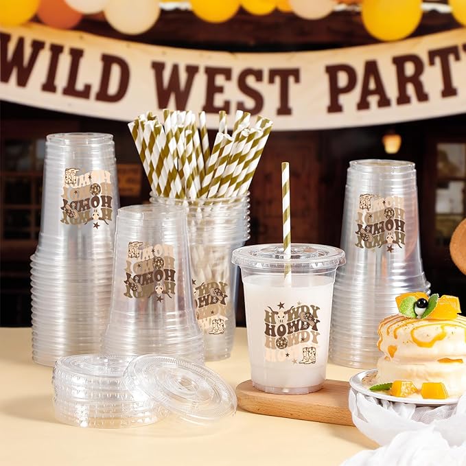 Yungyan 50 Sets Western Cowboy Plastic Cups with Lids and Straws 16 oz Howdy Brown Cowboy Cowgirl Coffee Juice Drinking Cups for Western Party Decoration Wedding Birthday Bachelorette Party Supplies