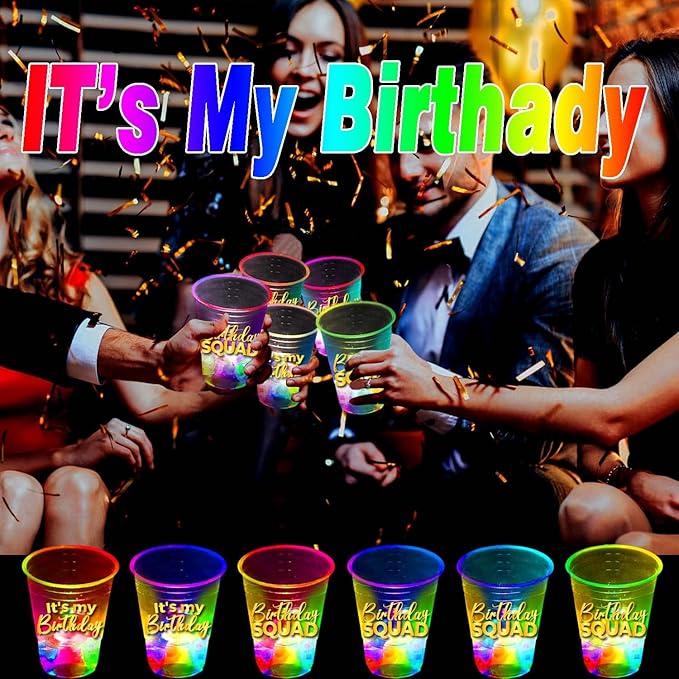mishunyus 24 Pack Glow Birthday Squad Cups 16oz - Reusable Light Up Party Cups for Adult Birthdays 21st, 30th, 40th, 50th, 60th Theme Decorations Supplies, Night Club Party Favors