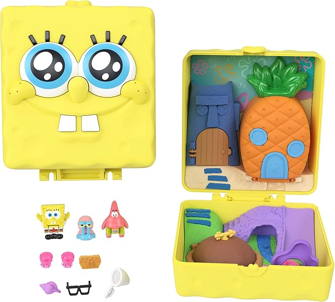 Polly Pocket x Spongebob Partnership Compact, Micro Spongebob & Patrick Dolls and Playset, 7 Accessories Including Pet Gary